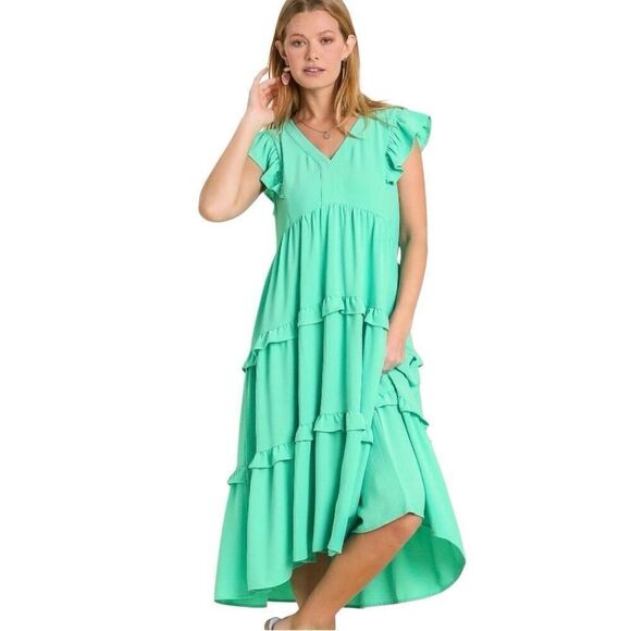 Umgee Emerald Green Ruffle Tiered Midi Flutter Sleeves V Neck Dress Women Small - Picture 10 of 10